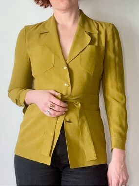 Dana Buchman 90s does 40s Olive Green Belted Blazer